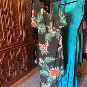 Black floral one shoulder asymmetrical dress